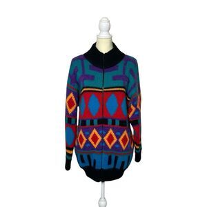 Vintage IB Diffusion Multi-Color Geometric Wool Knit Full Zip Cardigan Size XS